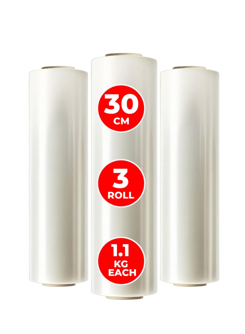 UKR Heavy Duty Stretch Film Wrap Roll 30cm | 1.1KG Each 900g Film 200g Core Tear-Resistant Clear Plastic Shrink Wrap for Packing, Moving, Pallet Wrapping, Warehouse, Storage & Shipping - 3 Roll - Image 1
